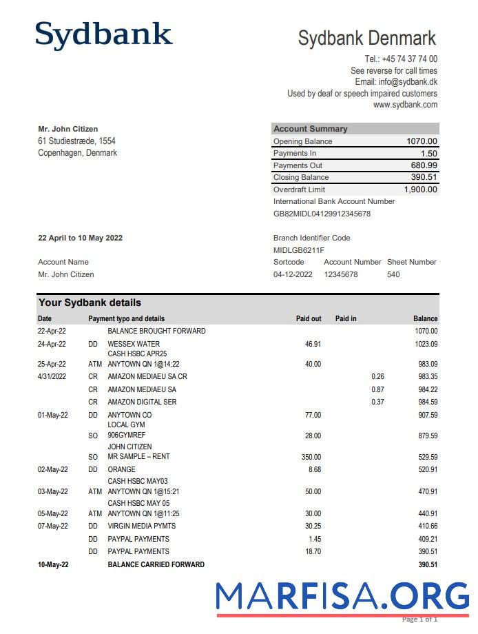 Blank Denmark Sydbank bank statement excel real example
